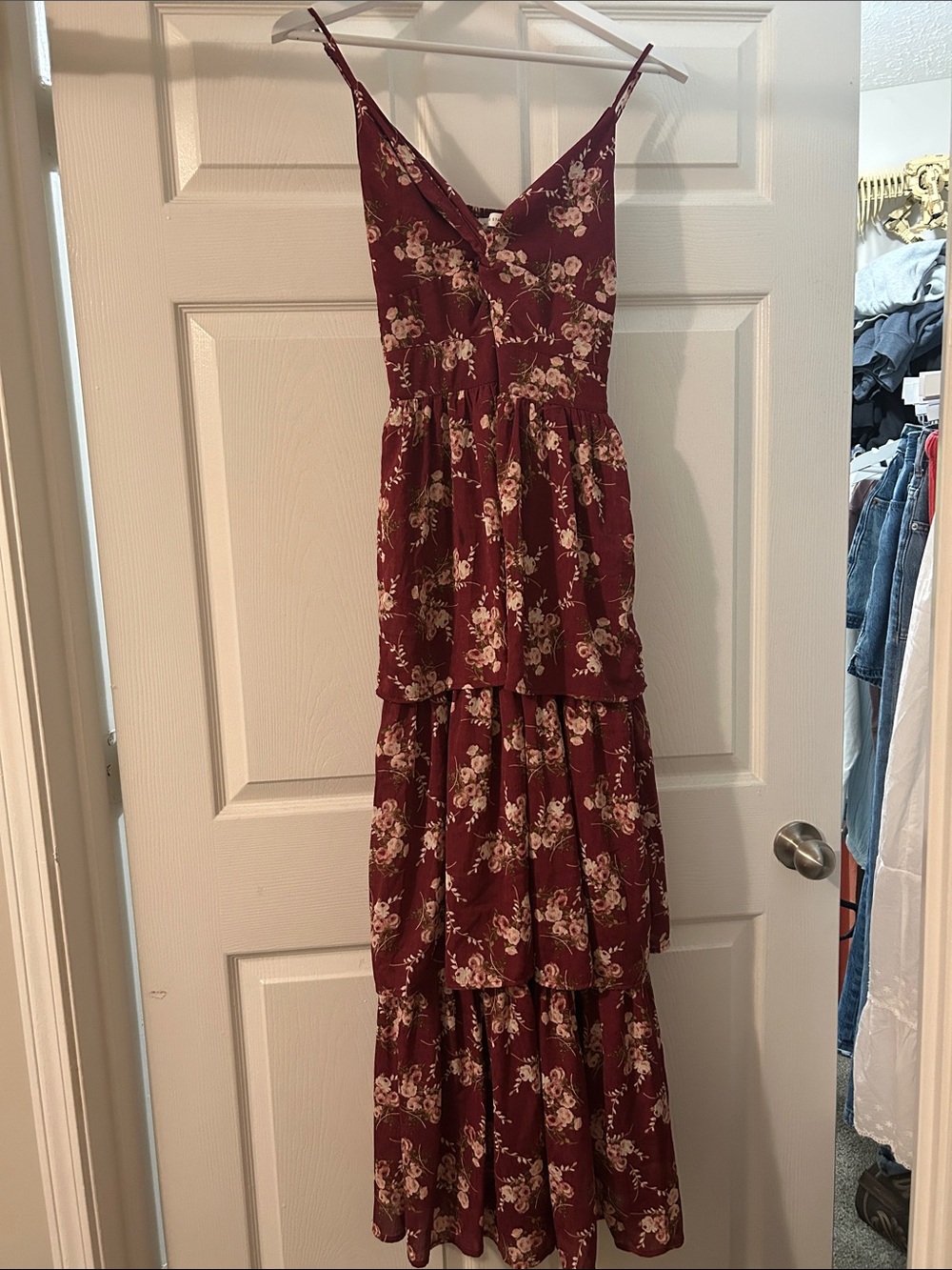 Altar'd State Burgundy Floral Tiered Maxi Dress